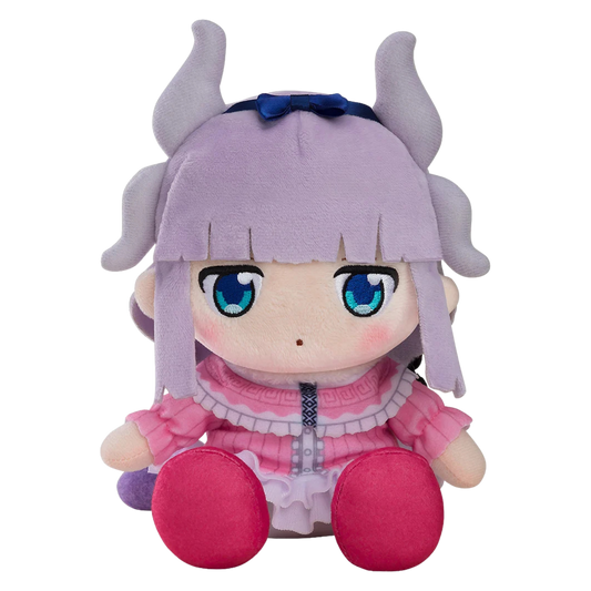 A cute anime-style plush doll with lavender-purple hair, large blue eyes, pink and white ruffled clothing, and bright pink feet, shown against a plain white background.