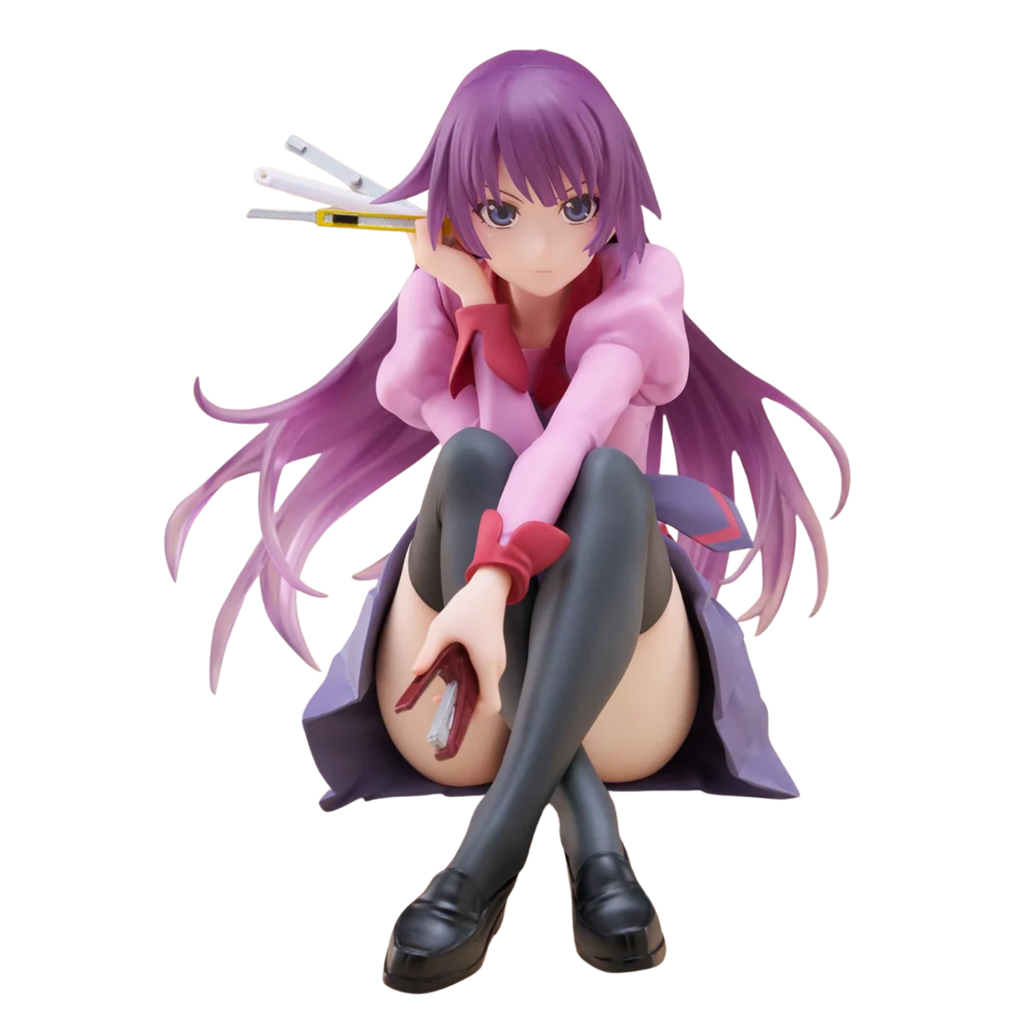 Anime character figurine with purple hair and pink outfit on a white background