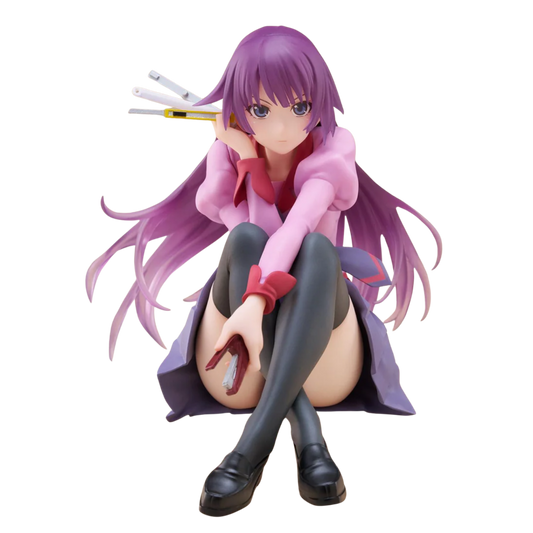 Anime character figurine with purple hair and pink outfit on a white background