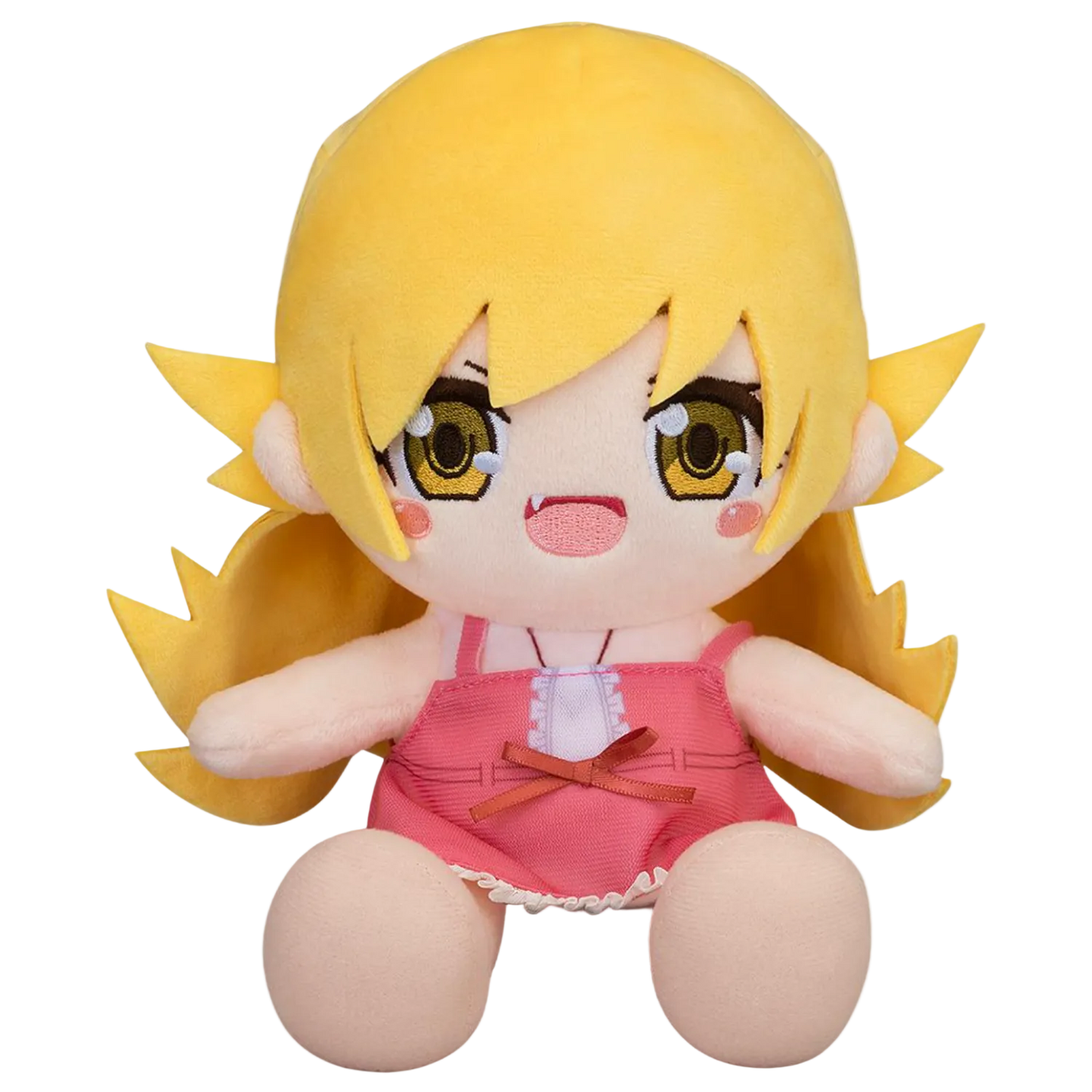 Plush toy of a character with yellow hair and pink outfit on a white background