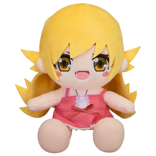 Plush toy of a character with yellow hair and pink outfit on a white background