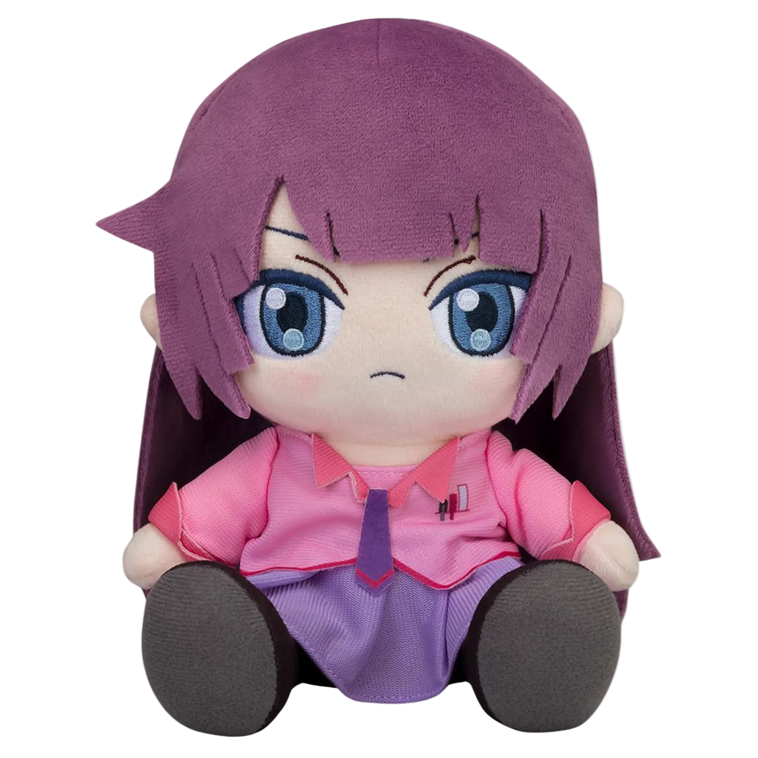 Plush toy with purple hair and pink outfit on a white background