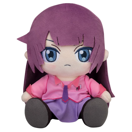 Plush toy with purple hair and pink outfit on a white background