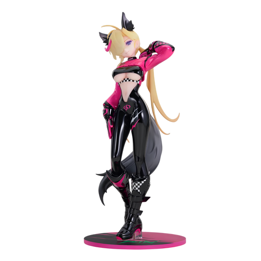 A collectible anime figurine of a female racer in a pink and black racing suit, posed dynamically on a circular display base against a plain white background.