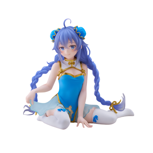An anime-style collectible figurine of a female character with long blue braided hair, wearing a bright blue dress with gold trim and white thigh-high stockings, posed sitting against a plain white background.