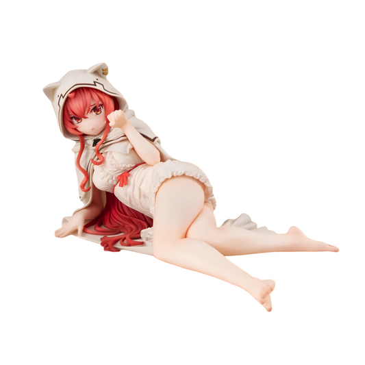 A detailed anime figurine of a girl with long red hair wearing a cream-colored hooded outfit with cat ears, posed lying down on a plain white background.