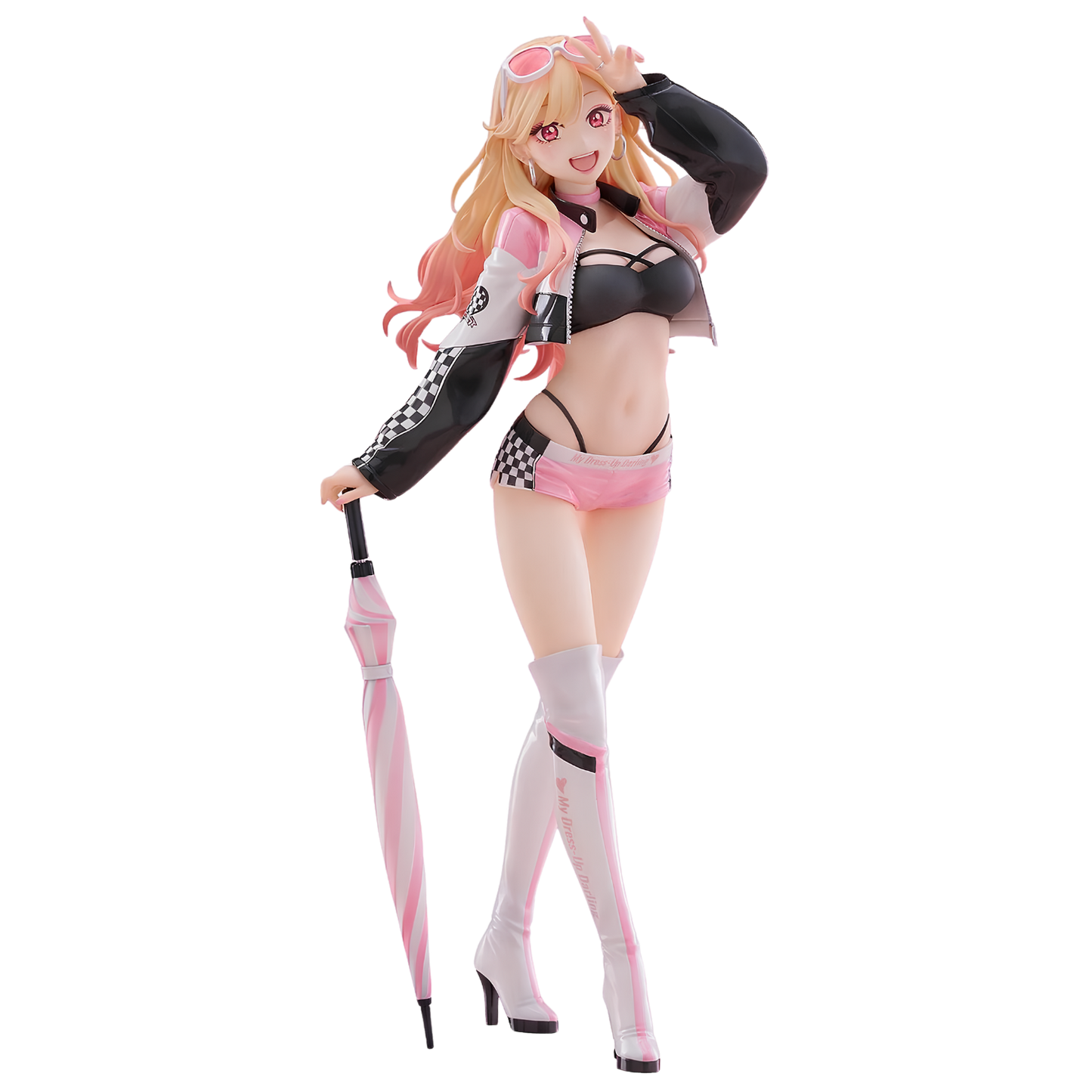 A full-body anime-style female figurine with long blonde hair, wearing a black-and-pink racing-inspired outfit with goggles, holding a pink-and-white striped umbrella against a plain white background.