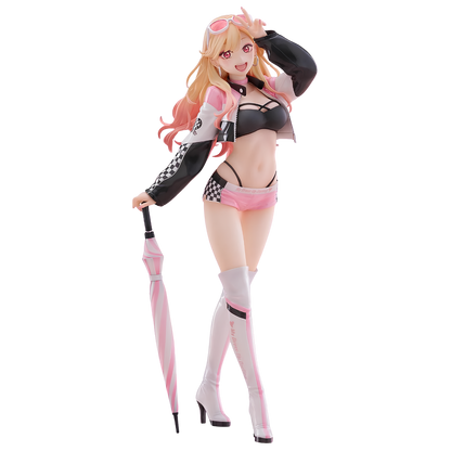 A full-body anime-style female figurine with long blonde hair, wearing a black-and-pink racing-inspired outfit with goggles, holding a pink-and-white striped umbrella against a plain white background.
