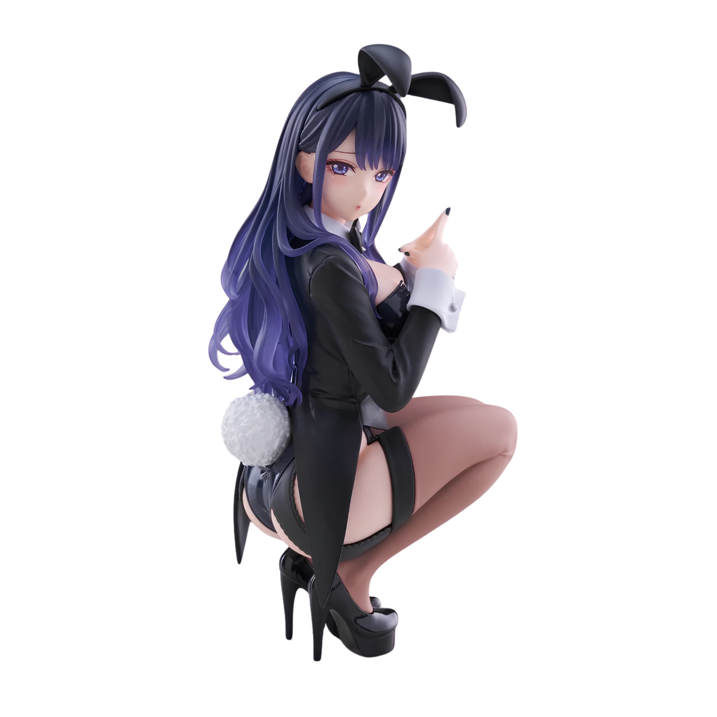 An anime-style female figurine posed crouching, with long purple-to-blue hair, a black bunny-style outfit, thigh-high stockings, black high heels, and a small white pom-pom accent, shown on a plain white background.