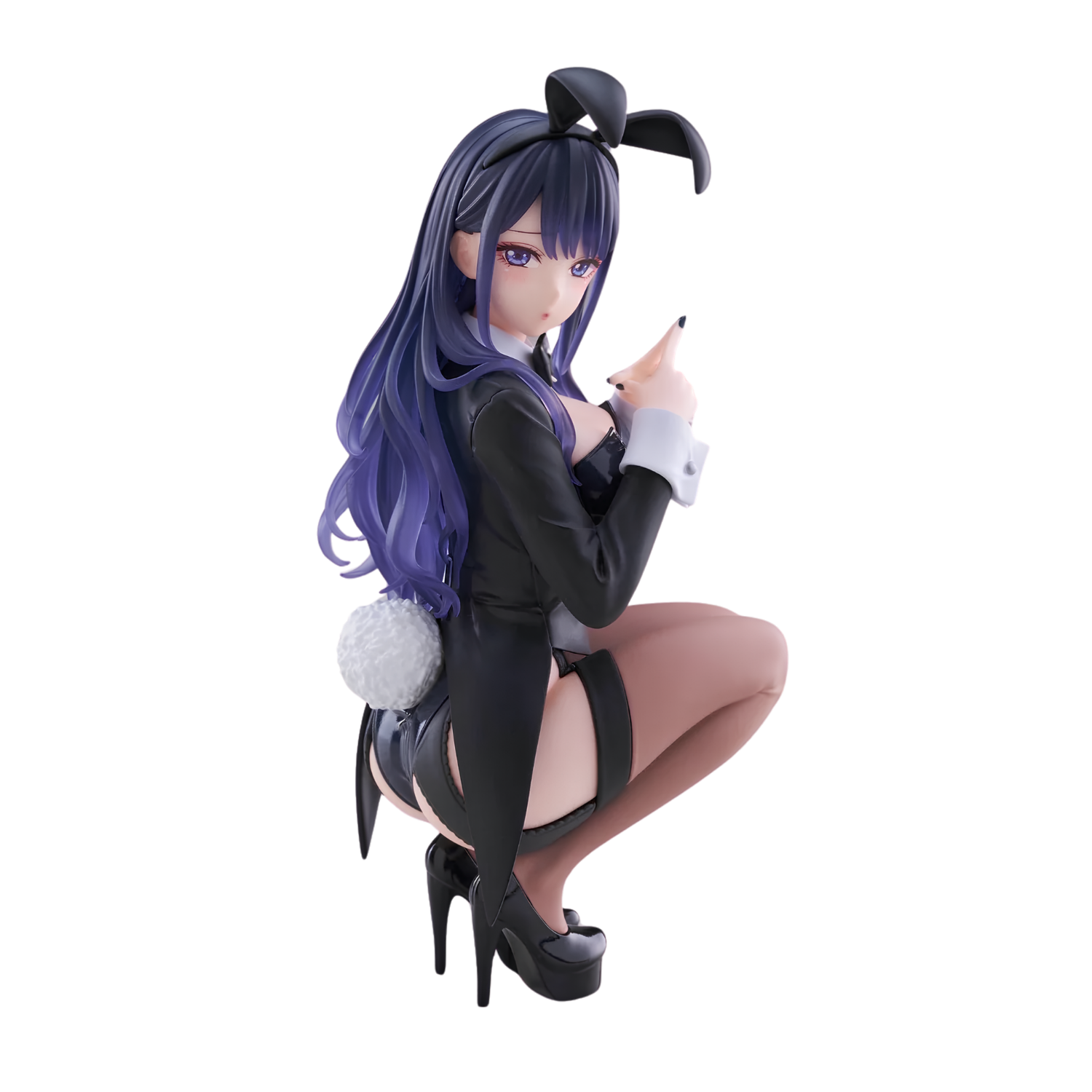 An anime-style female figurine posed crouching, with long purple-to-blue hair, a black bunny-style outfit, thigh-high stockings, black high heels, and a small white pom-pom accent, shown on a plain white background.