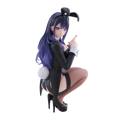 An anime-style female figurine posed crouching, with long purple-to-blue hair, a black bunny-style outfit, thigh-high stockings, black high heels, and a small white pom-pom accent, shown on a plain white background.