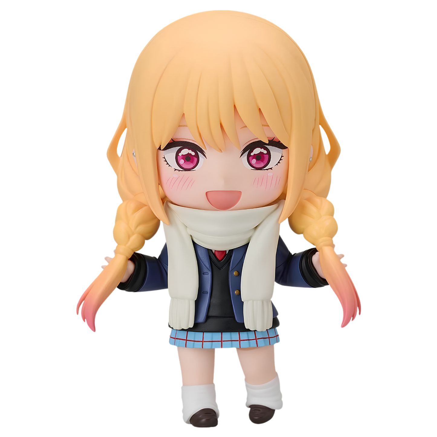 A chibi-style anime figure with long blonde pigtails, pink eyes, and a white scarf, wearing a navy cardigan, blue plaid skirt, and white socks, isolated on a black background.