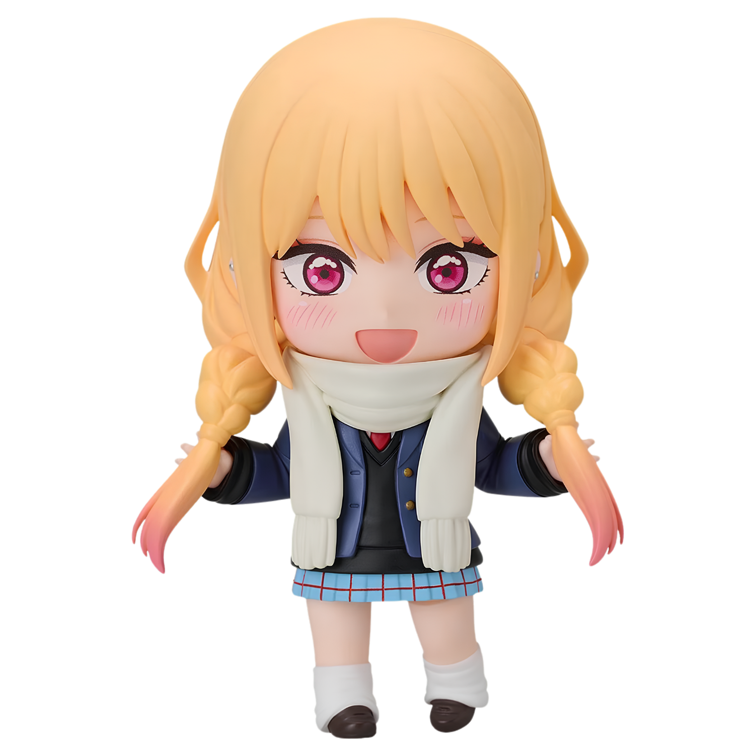 A chibi-style anime figure with long blonde pigtails, pink eyes, and a white scarf, wearing a navy cardigan, blue plaid skirt, and white socks, isolated on a black background.