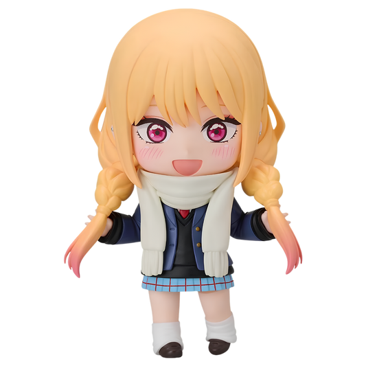 A chibi-style anime figure with long blonde pigtails, pink eyes, and a white scarf, wearing a navy cardigan, blue plaid skirt, and white socks, isolated on a black background.