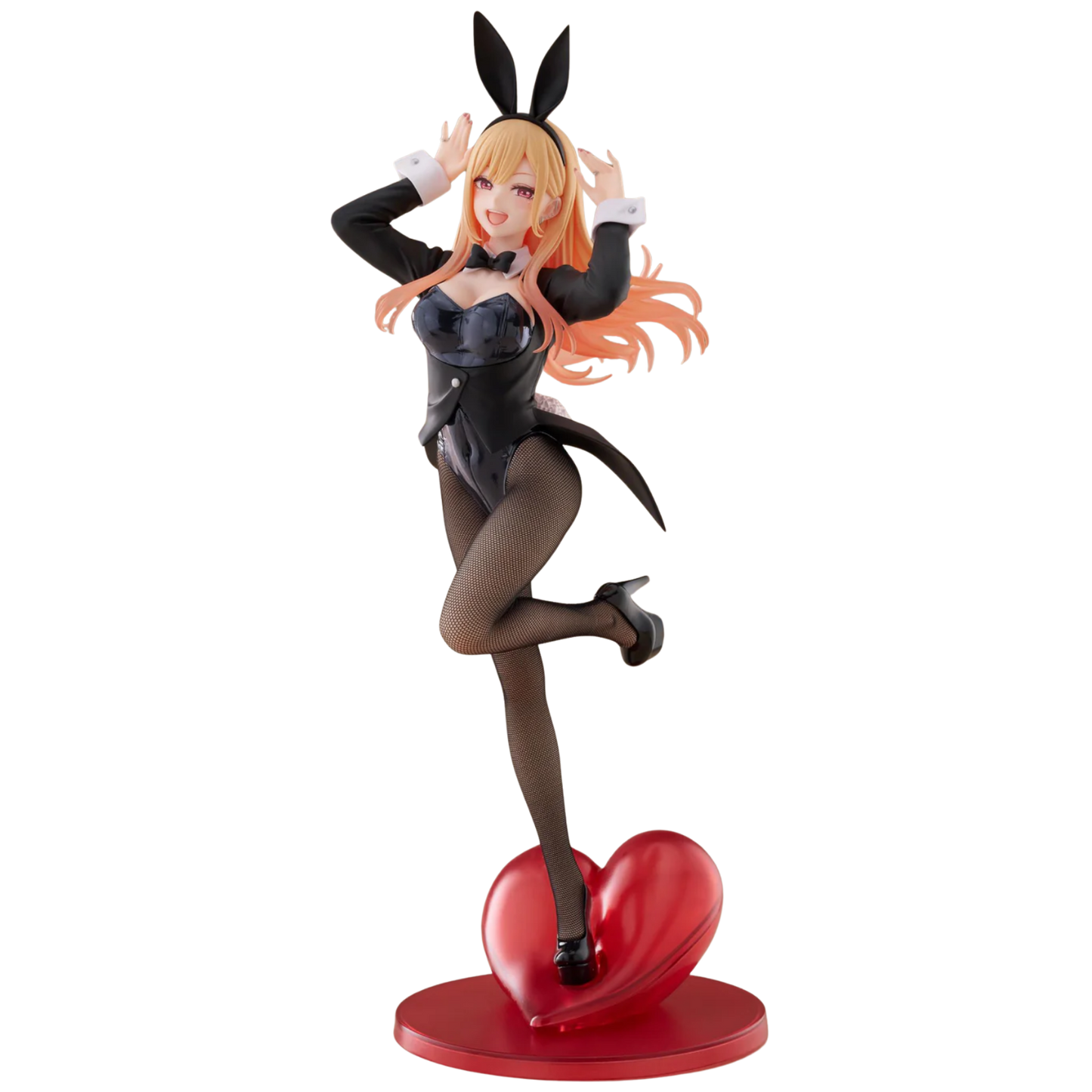 Figure of a character in a black outfit with bunny ears on a red heart-shaped base against a white background