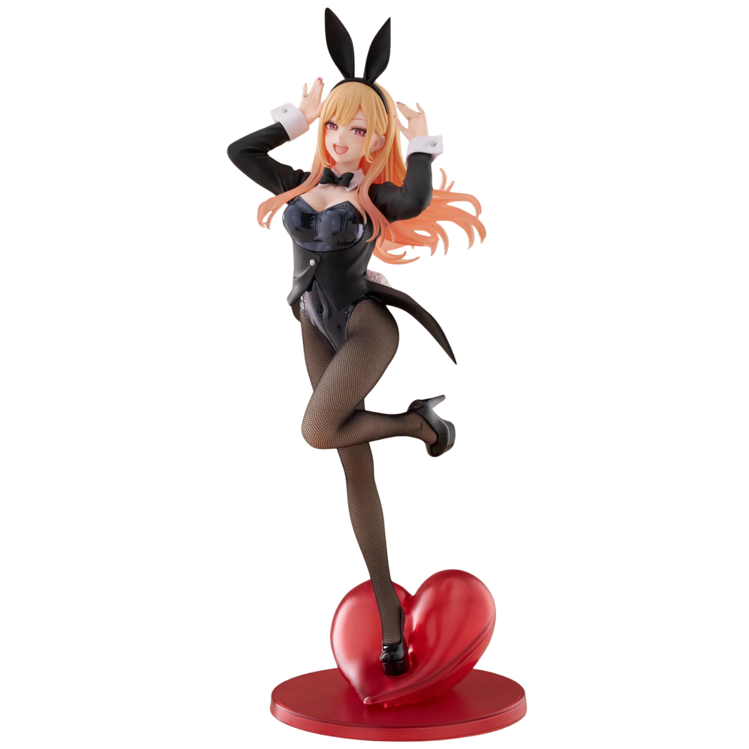 Figure of a character in a black outfit with bunny ears on a red heart-shaped base against a white background
