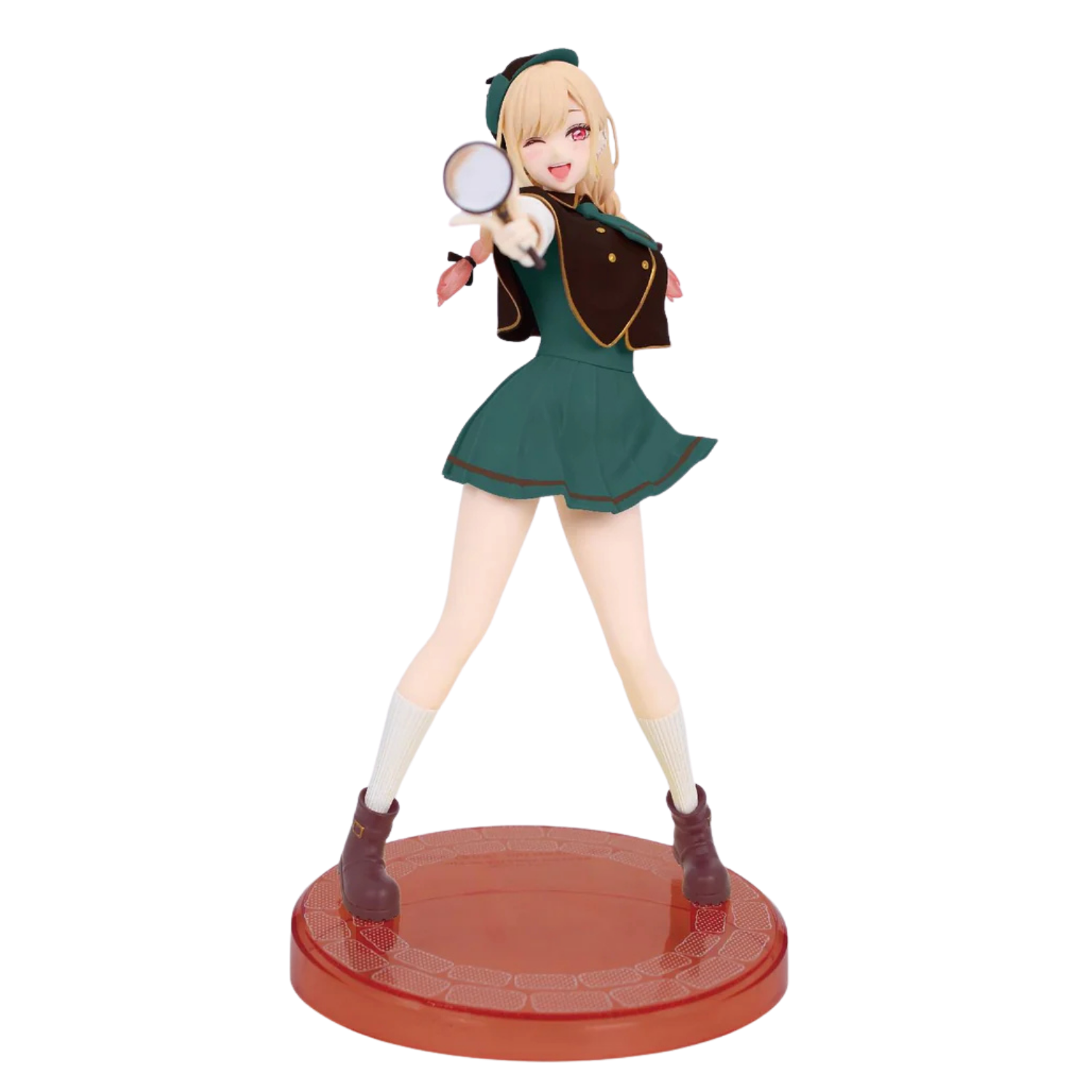 Figurine of a character in a green outfit with a magnifying glass on a white background