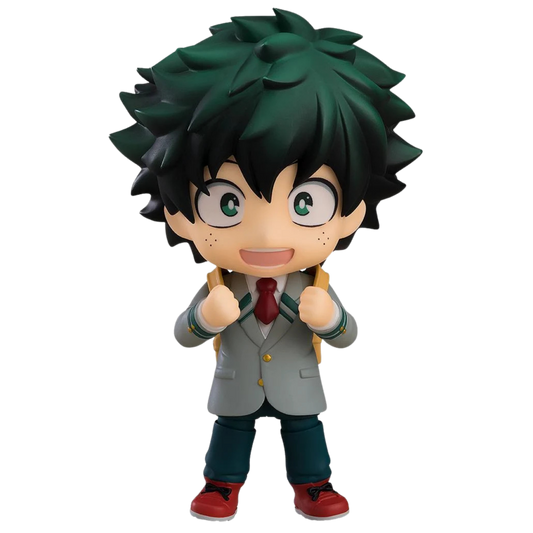 A chibi-style anime figurine of a smiling character with dark green hair, wearing a gray blazer, dark teal pants, a red tie, and red shoes, shown against a plain white background.
