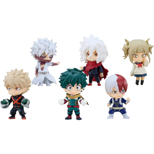 Six chibi-style anime figurines from My Hero Academia on a plain white background, including Todoroki, Deku, Bakugo, Yaoyorozu, Shoto, and a blonde female character.