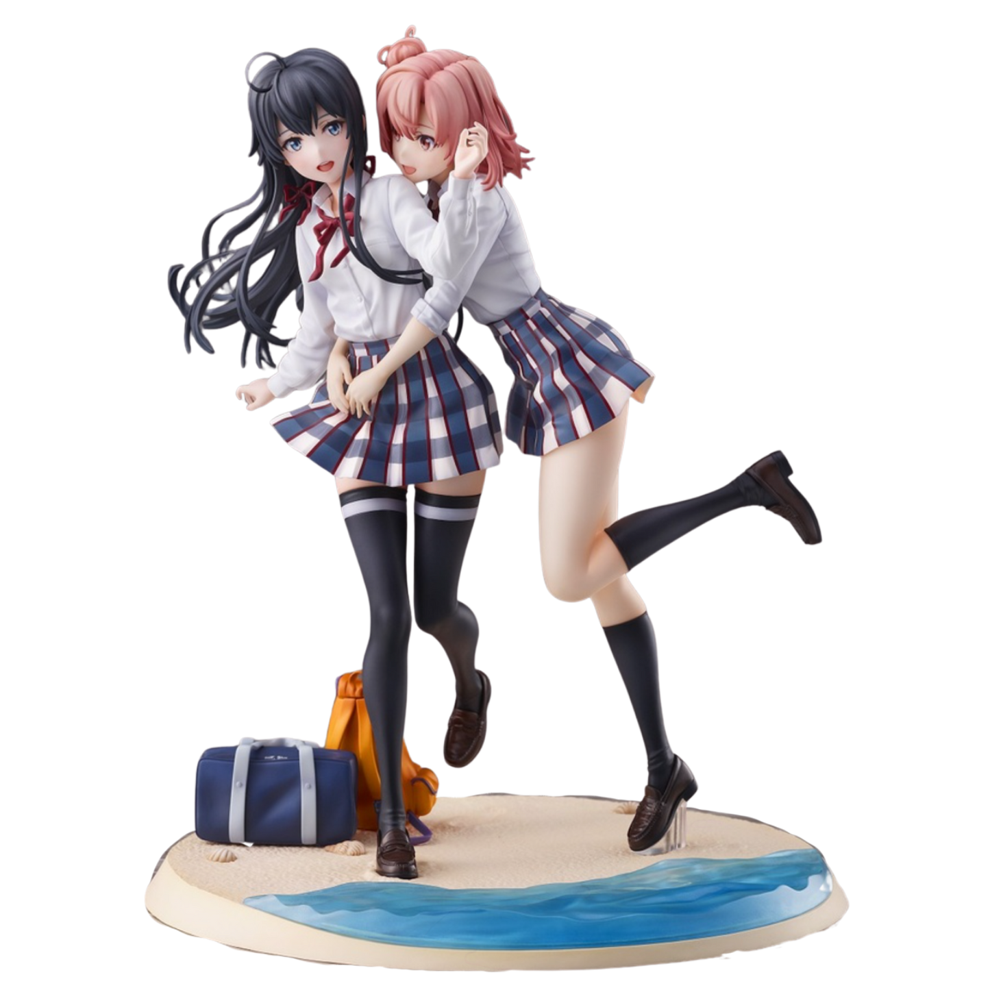 Two animated characters in school uniforms standing on a white background