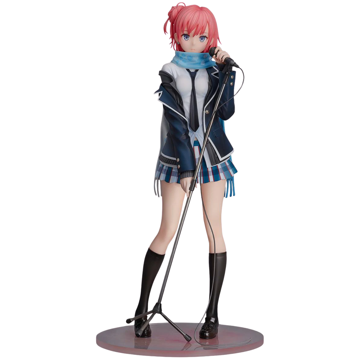 Anime character figurine with pink hair and microphone on a white background