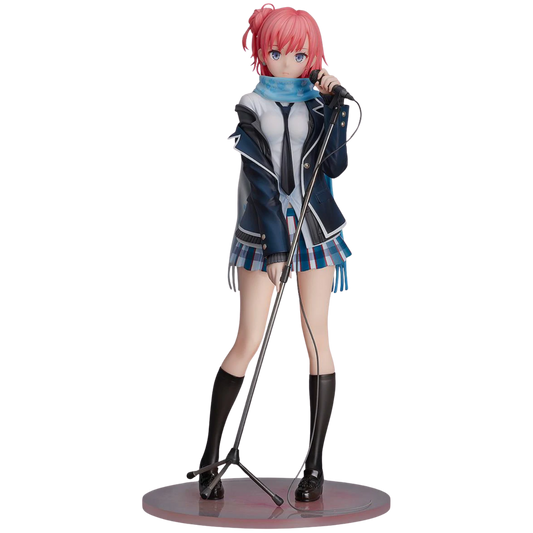 Anime character figurine with pink hair and microphone on a white background