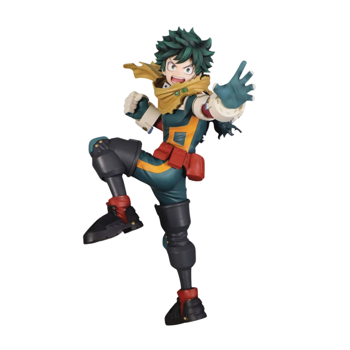 Action figure with green hair and colorful outfit on a white background