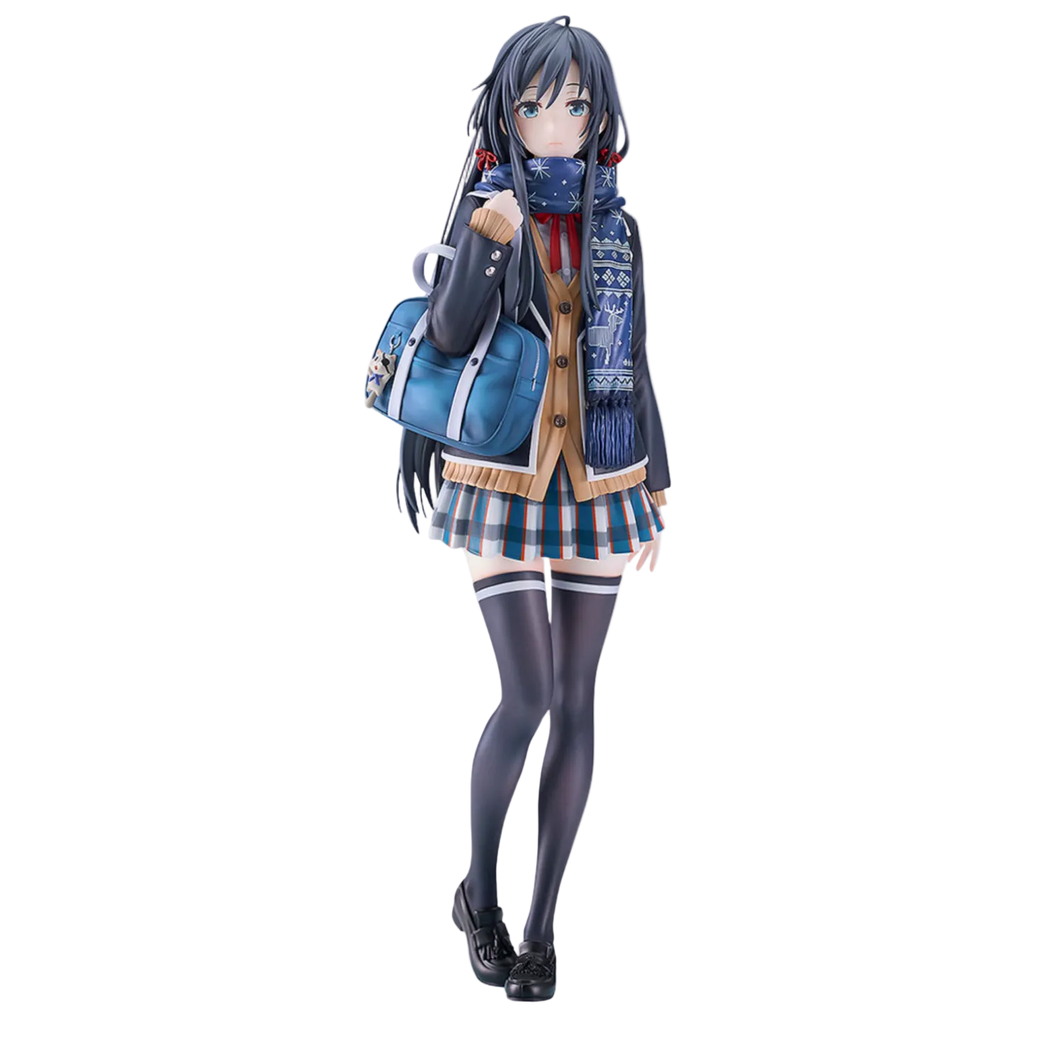 A figure of Yukino Yukinoshita from the anime 'My Teen Romantic Comedy SNAFU', wearing a school uniform, scarf and carrying a bag.