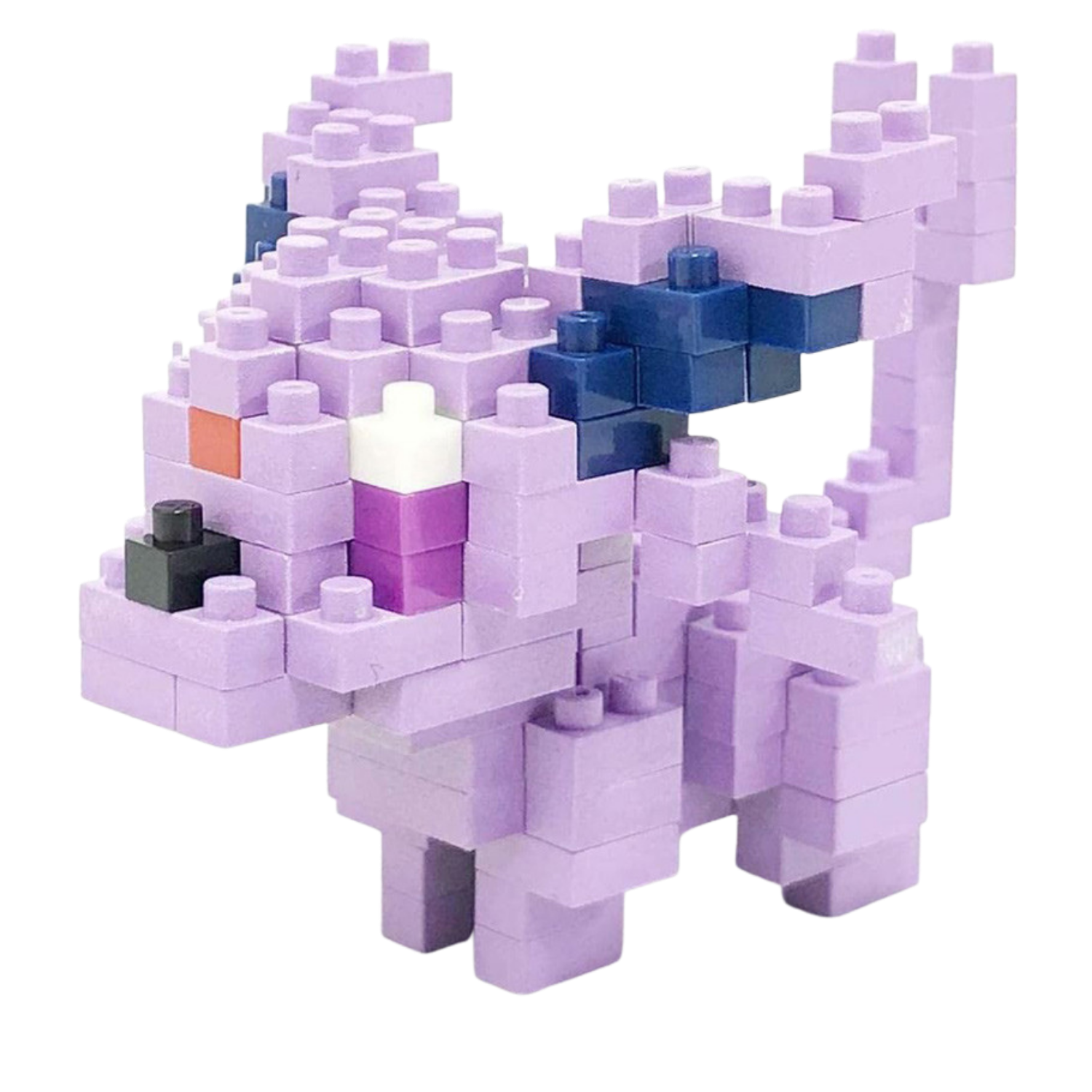 Purple and blue building block toy on a white background