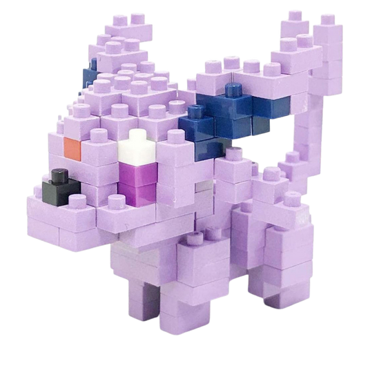 Purple and blue building block toy on a white background