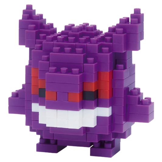 Purple block-style character on a white background