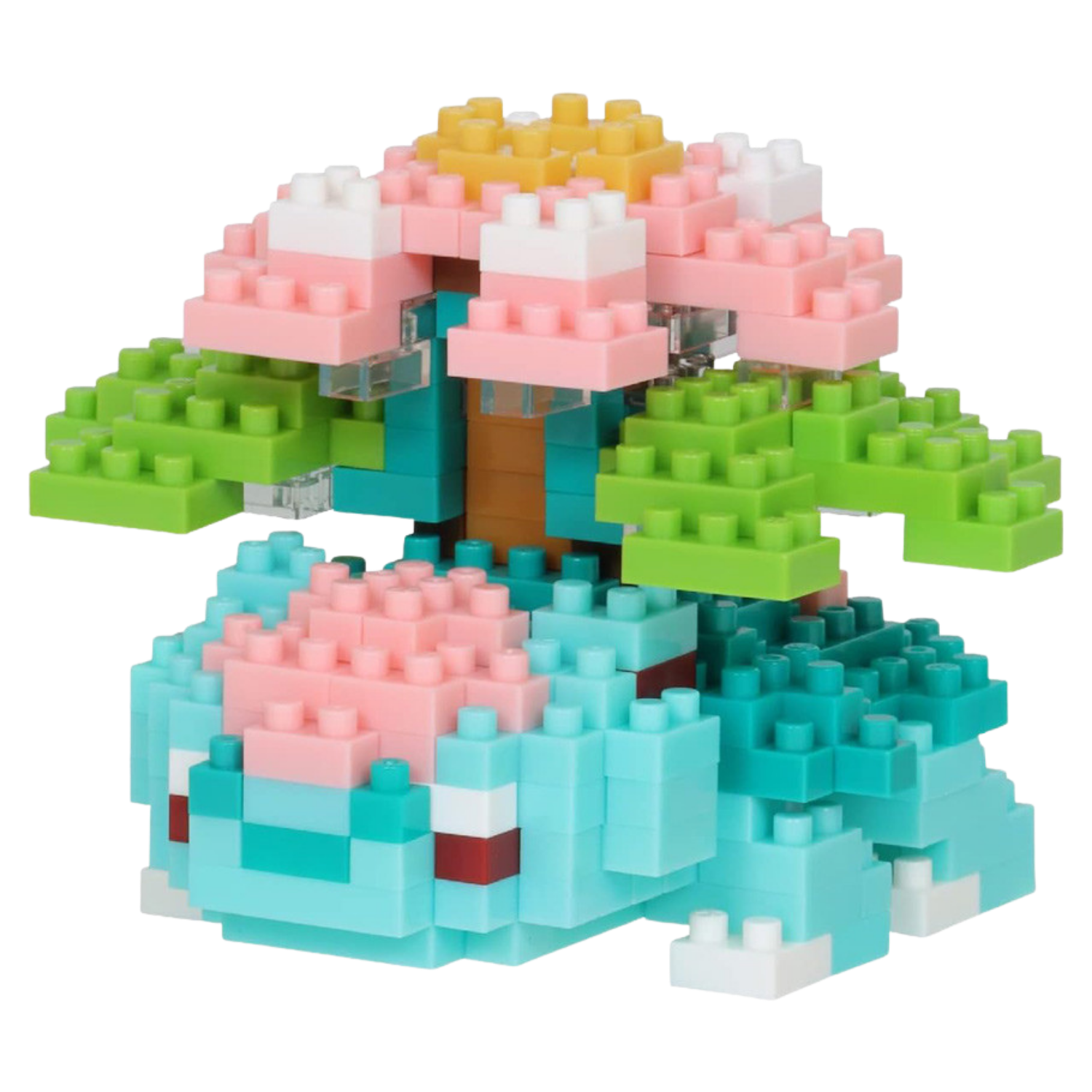 Toy building block set shaped like a tree with pink flowers and green leaves on a white background