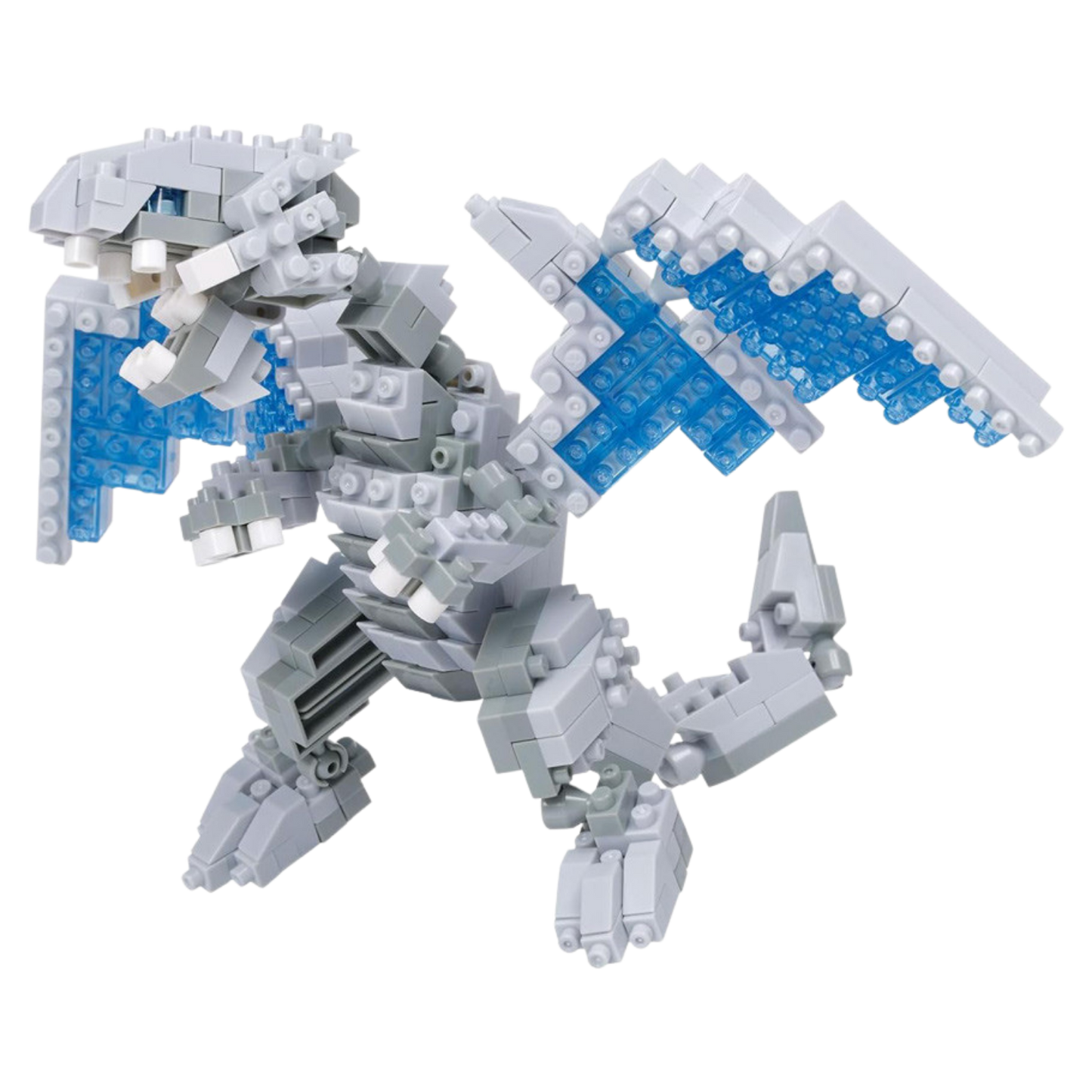 Toy dragon made of interlocking bricks with blue accents on a white background