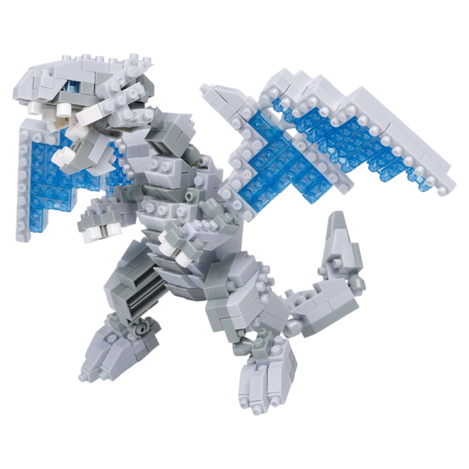 Toy dragon made of interlocking bricks with blue accents on a white background