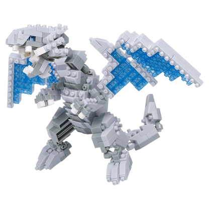 Toy dragon made of interlocking bricks with blue accents on a white background