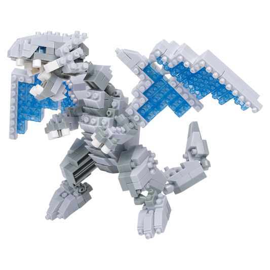 Toy dragon made of interlocking bricks with blue accents on a white background