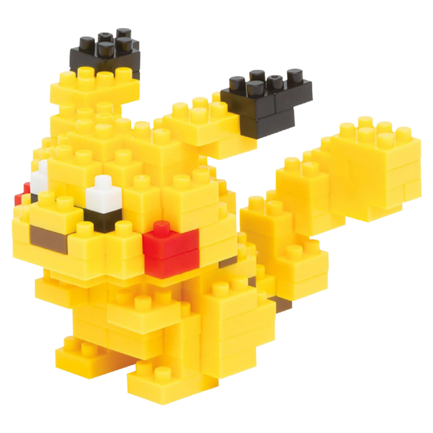 Yellow cartoon character made of interlocking bricks on a white background