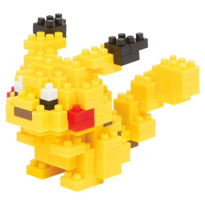 Yellow cartoon character made of interlocking bricks on a white background