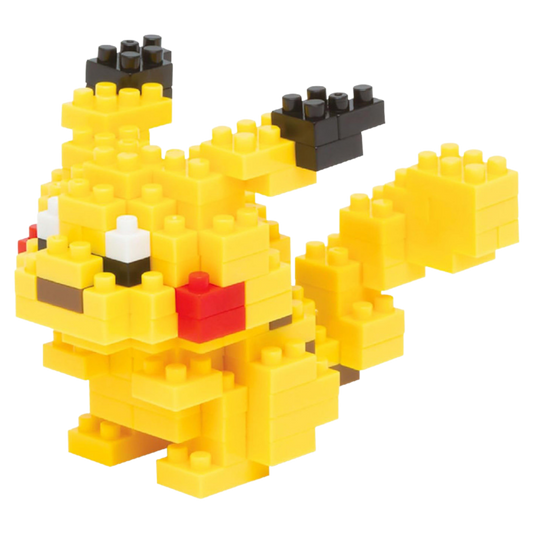 Yellow cartoon character made of interlocking bricks on a white background
