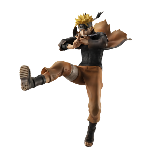 A Naruto action figure of Naruto in a dynamic kicking pose, featuring spiky blond hair, a black headband, a torn brown cape, a black shirt, and brown pants, isolated on a white background.