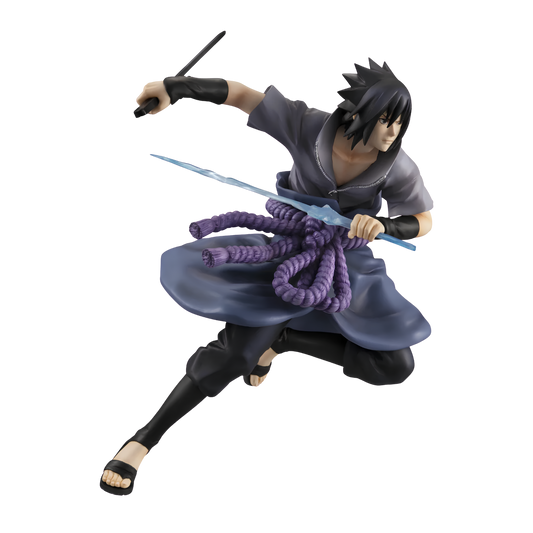 A collectible action figure of the character Sasuke Uchiha in a dynamic crouching pose, holding a blue kunai sword. The figure features black hair, a dark gray and black outfit, and a prominent purple rope tied around his waist, set against a plain white background.