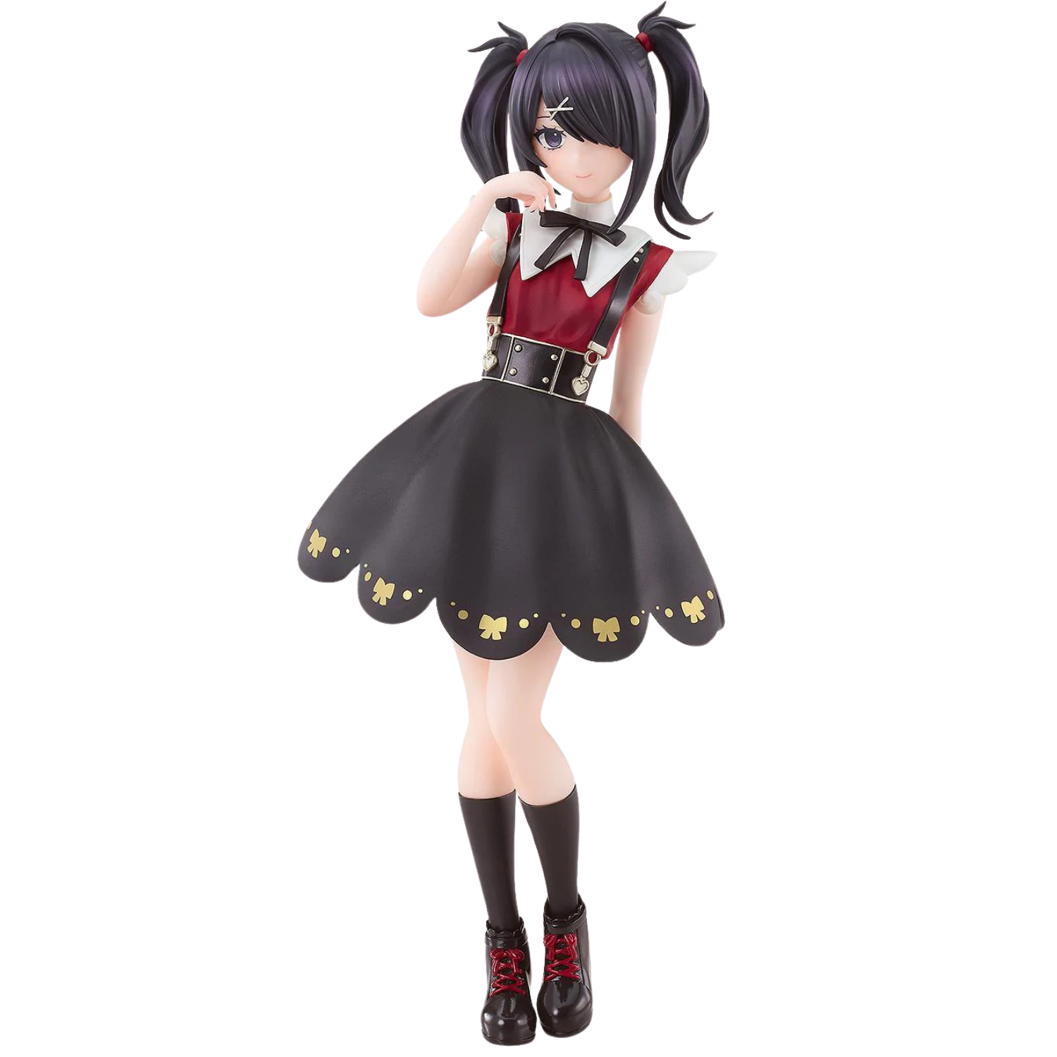 Anime character figurine wearing a black and red outfit with gold accents on a white background