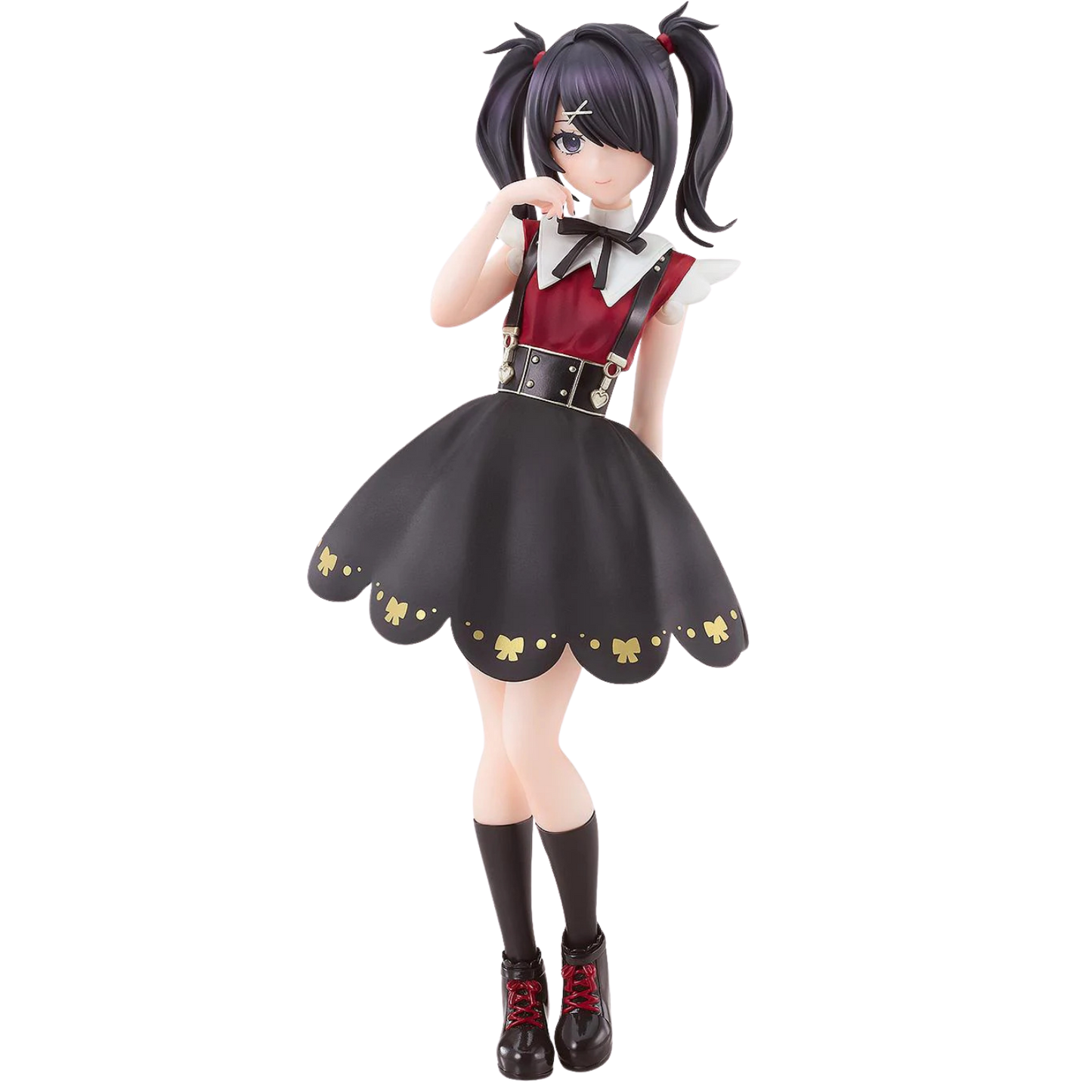 Anime character figurine wearing a black and red outfit with gold accents on a white background