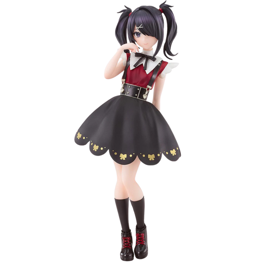 Anime character figurine wearing a black and red outfit with gold accents on a white background