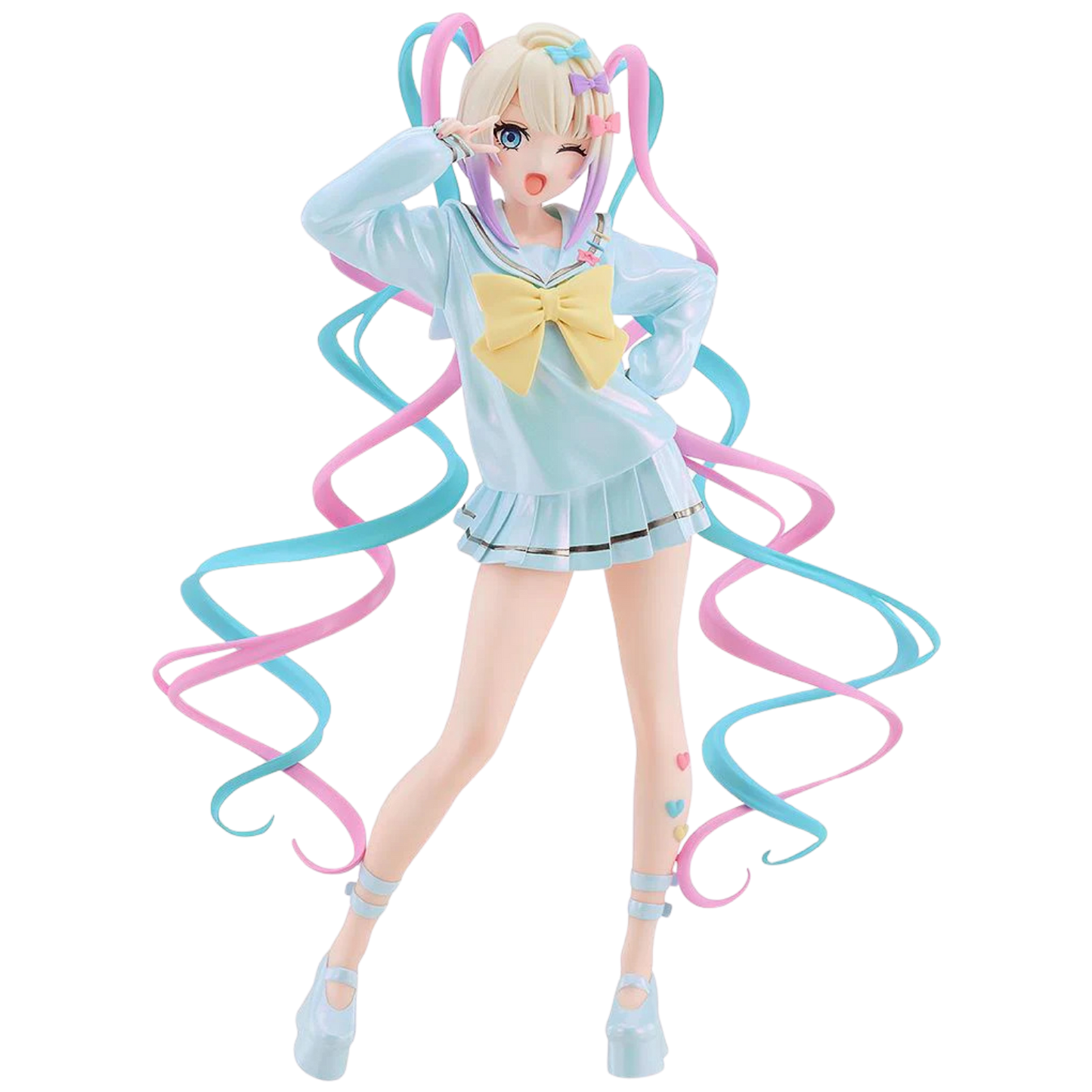 Anime character figurine with pastel-colored hair and outfit on a white background