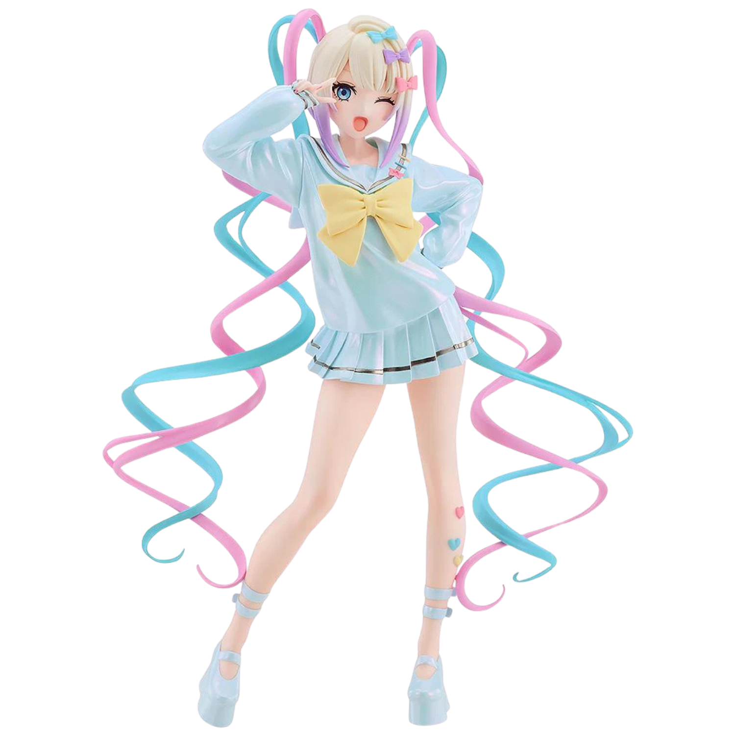 Anime character figurine with pastel-colored hair and outfit on a white background