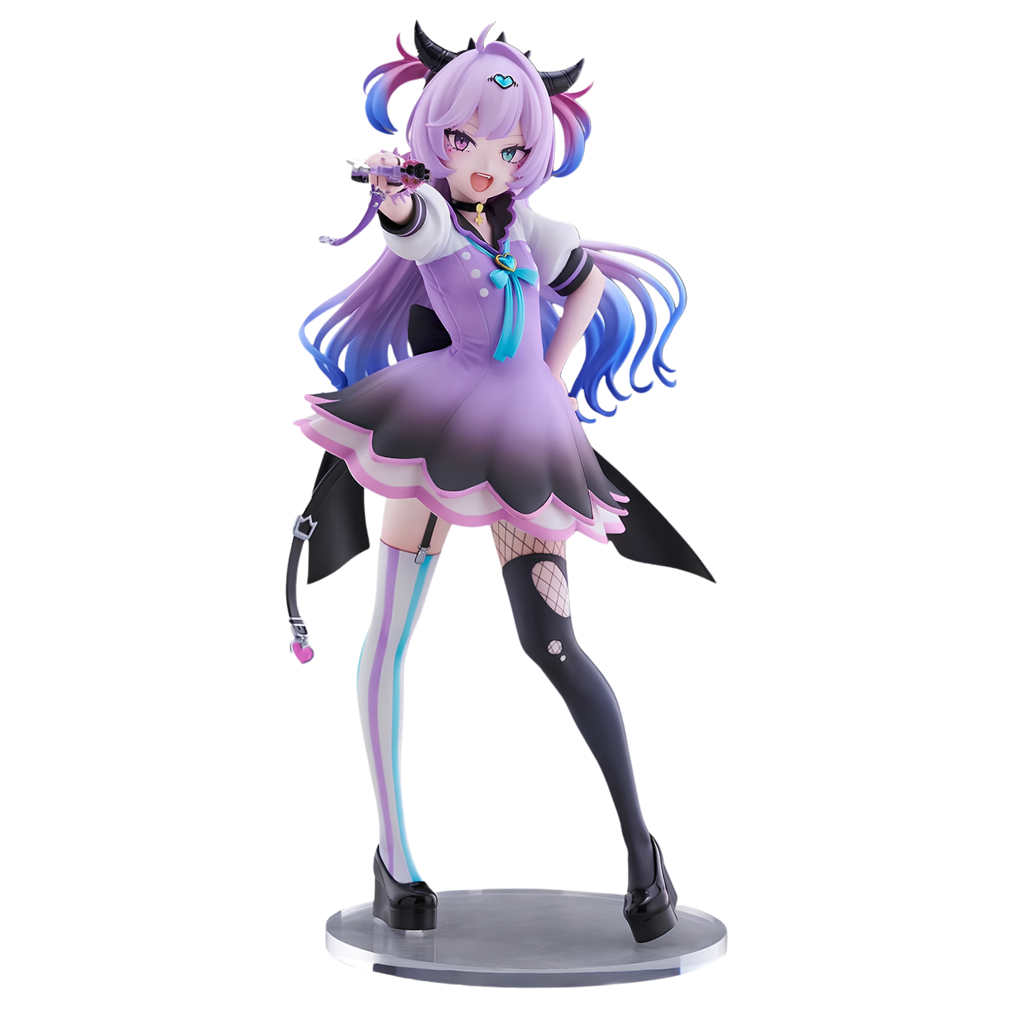 A detailed anime figurine of a female character with purple and blue hair, wearing a lavender and black schoolgirl-style dress with pink accents, posed on a round display base against a plain white background.