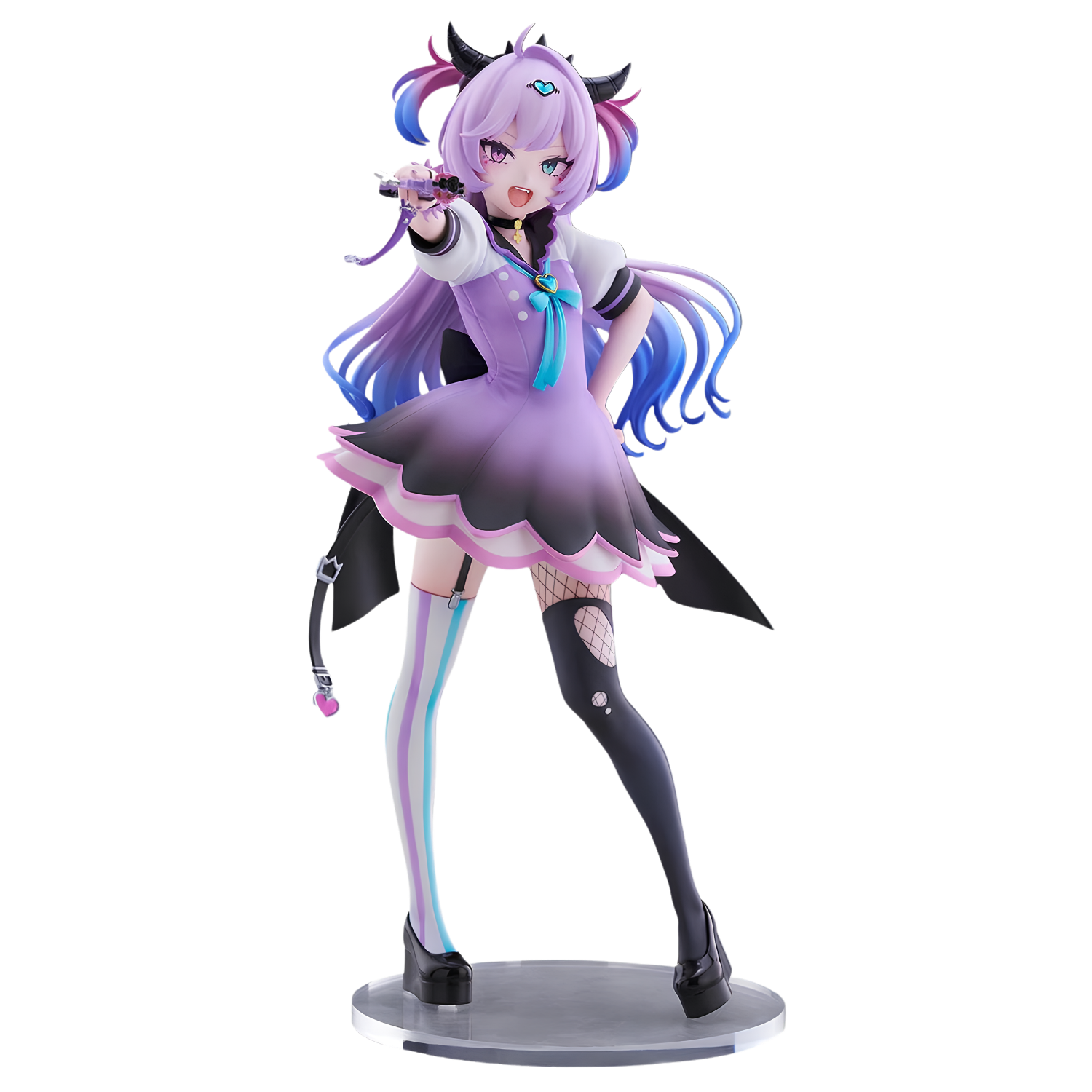 A detailed anime figurine of a female character with purple and blue hair, wearing a lavender and black schoolgirl-style dress with pink accents, posed on a round display base against a plain white background.
