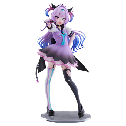A detailed anime figurine of a female character with purple and blue hair, wearing a lavender and black schoolgirl-style dress with pink accents, posed on a round display base against a plain white background.