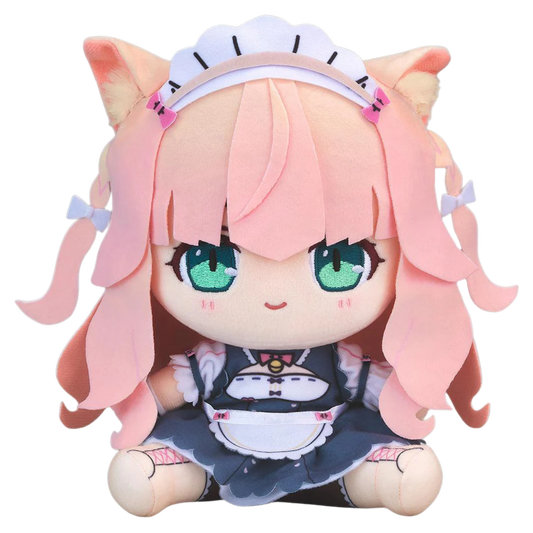 Plush toy with pink hair and green eyes on a white background